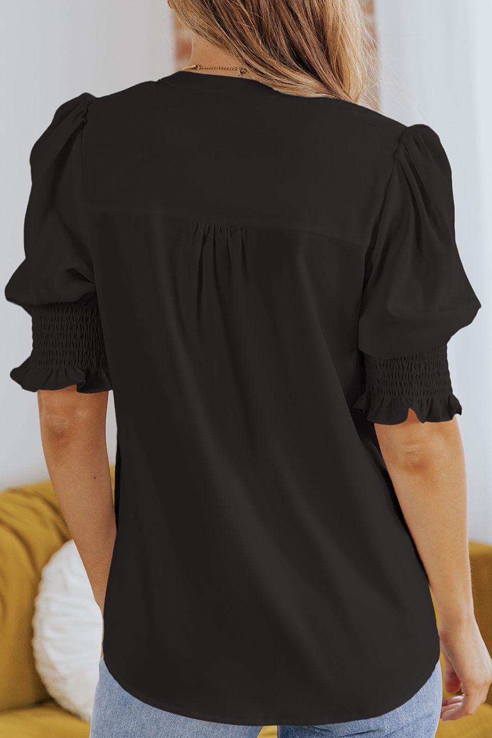 Wholesome Puff Sleeve Notched Neck Blouse - MXSTUDIO.COM