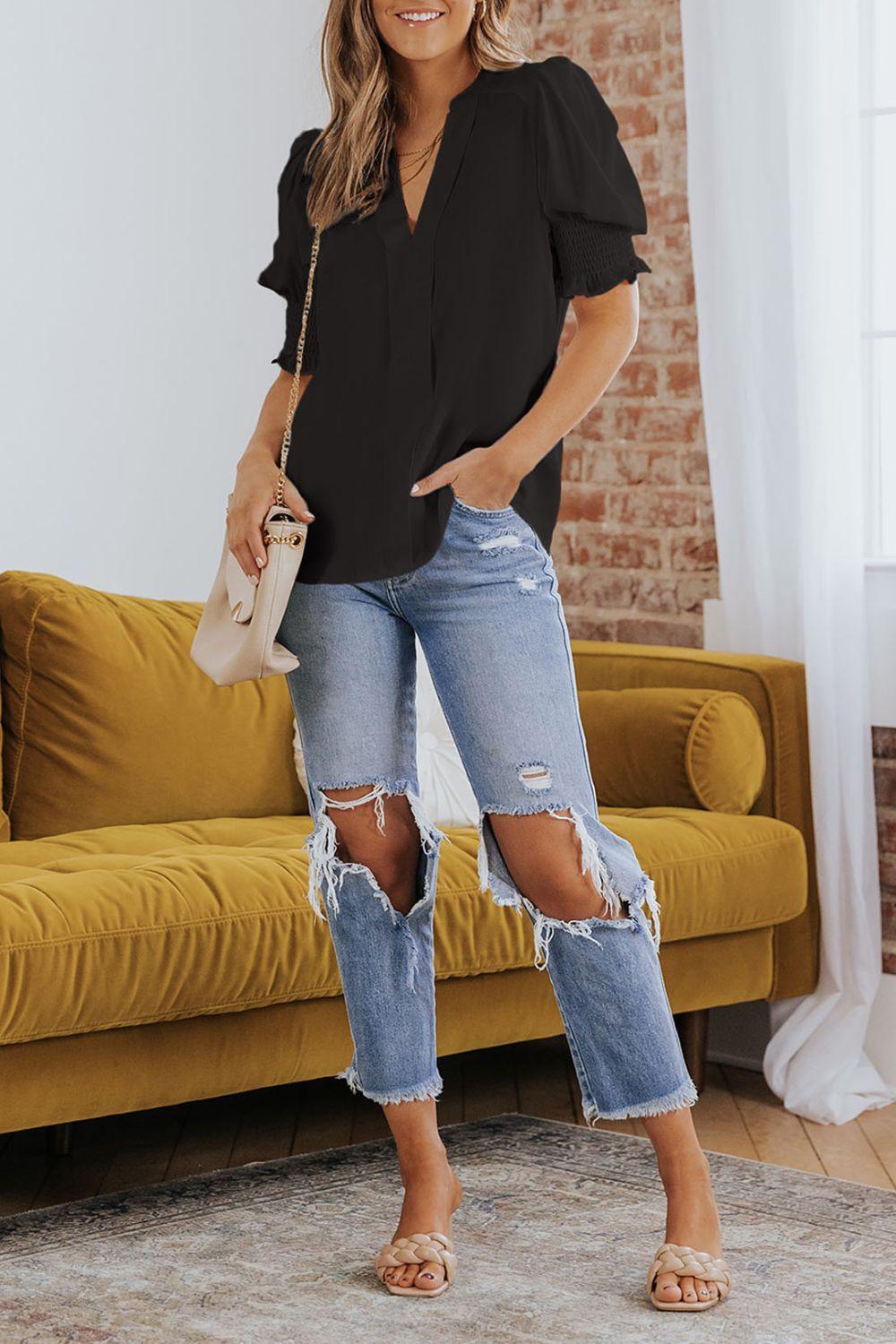 Wholesome Puff Sleeve Notched Neck Blouse - MXSTUDIO.COM