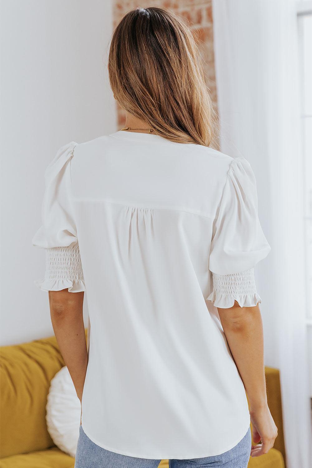 Wholesome Puff Sleeve Notched Neck Blouse - MXSTUDIO.COM