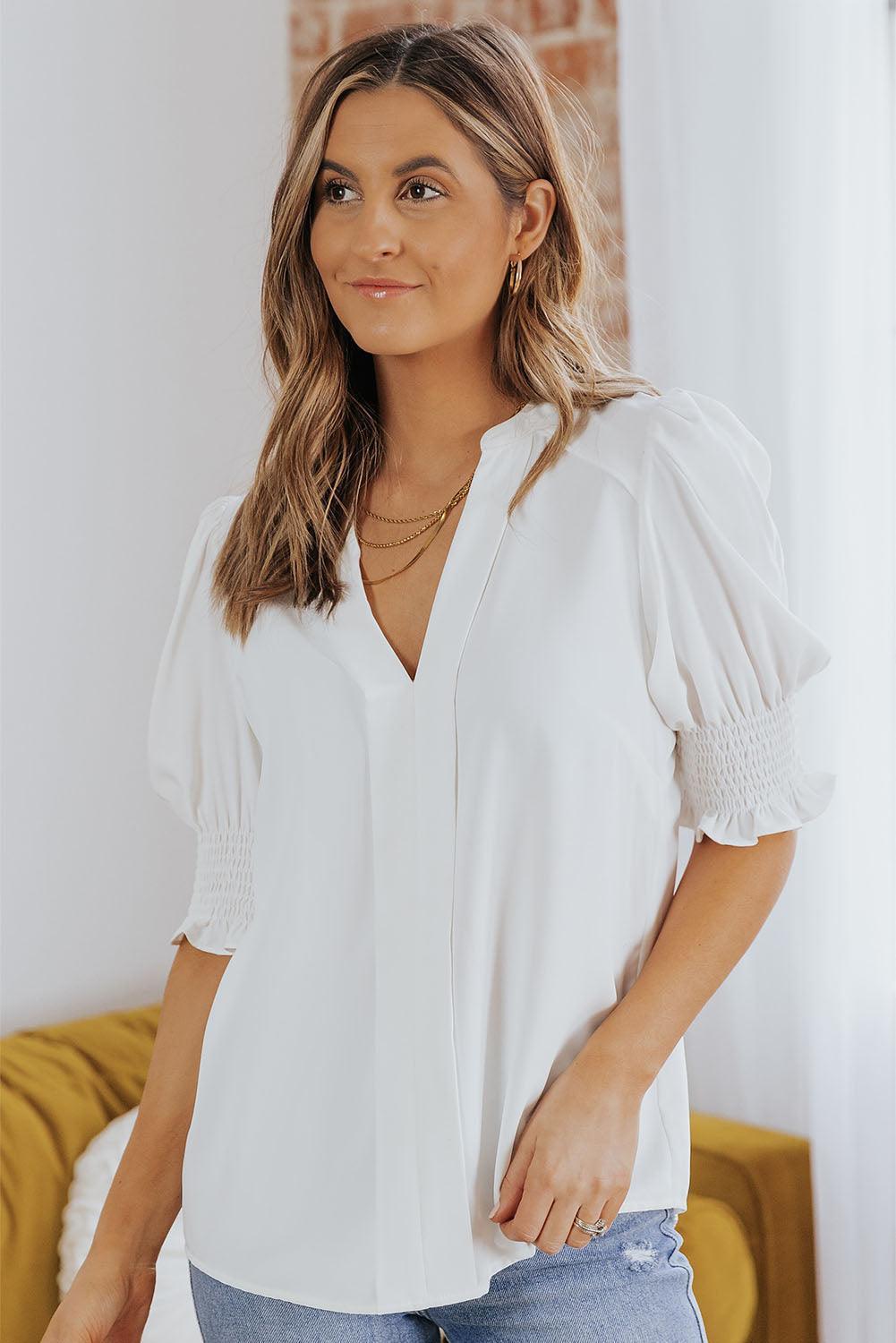 Wholesome Puff Sleeve Notched Neck Blouse - MXSTUDIO.COM