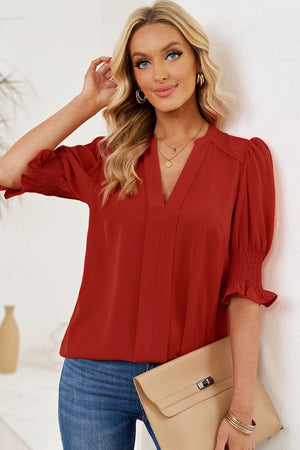 Wholesome Puff Sleeve Notched Neck Blouse - MXSTUDIO.COM