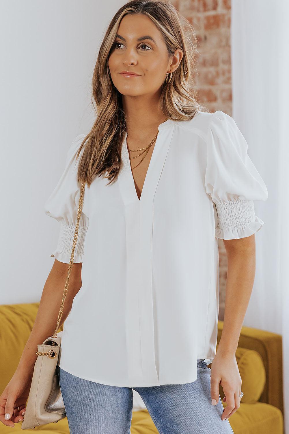 Wholesome Puff Sleeve Notched Neck Blouse - MXSTUDIO.COM