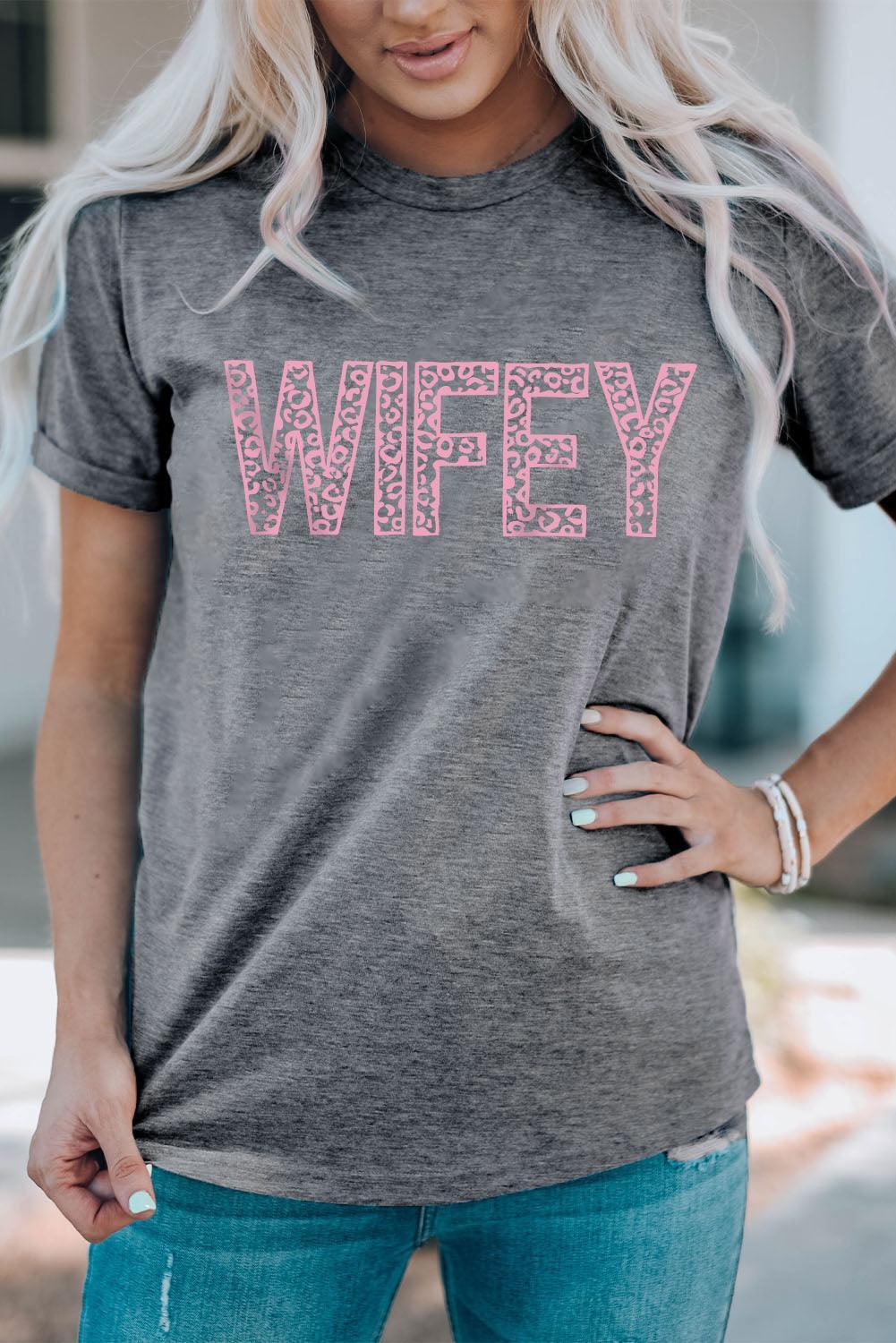 Wifey Leopard Short Sleeve Gray Graphic T Shirt - MXSTUDIO.COM