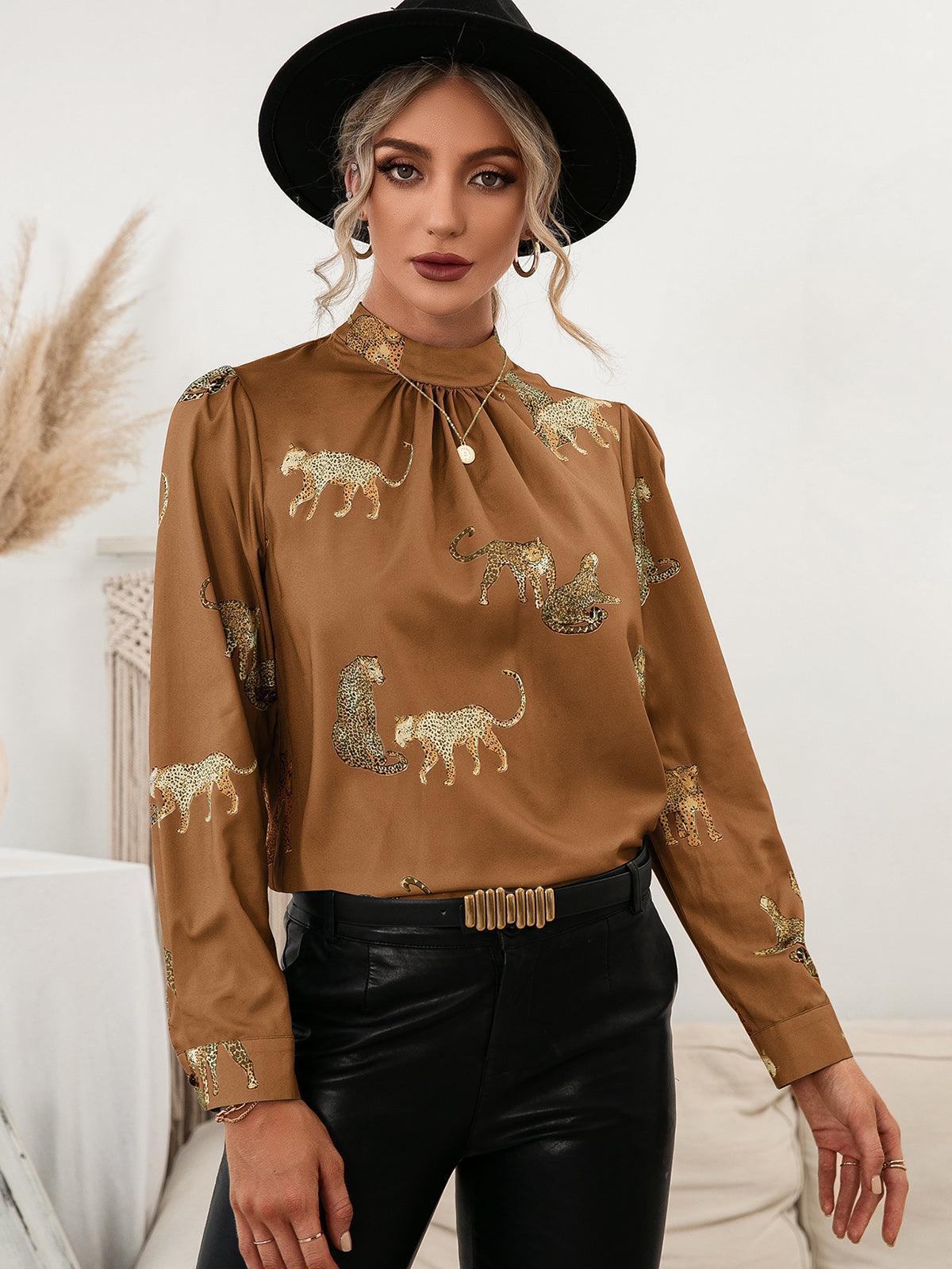 Wild And Classy Leopard Mock Neck Long Sleeve Blouse - MXSTUDIO.COM