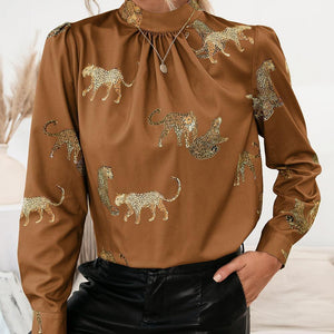 Wild And Classy Leopard Mock Neck Long Sleeve Blouse - MXSTUDIO.COM