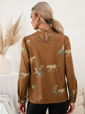 Wild And Classy Leopard Mock Neck Long Sleeve Blouse - MXSTUDIO.COM