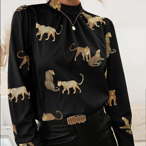 Wild And Classy Leopard Mock Neck Long Sleeve Blouse - MXSTUDIO.COM