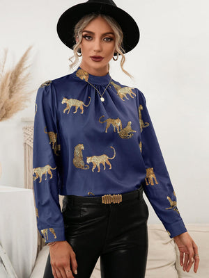 Wild And Classy Leopard Mock Neck Long Sleeve Blouse - MXSTUDIO.COM