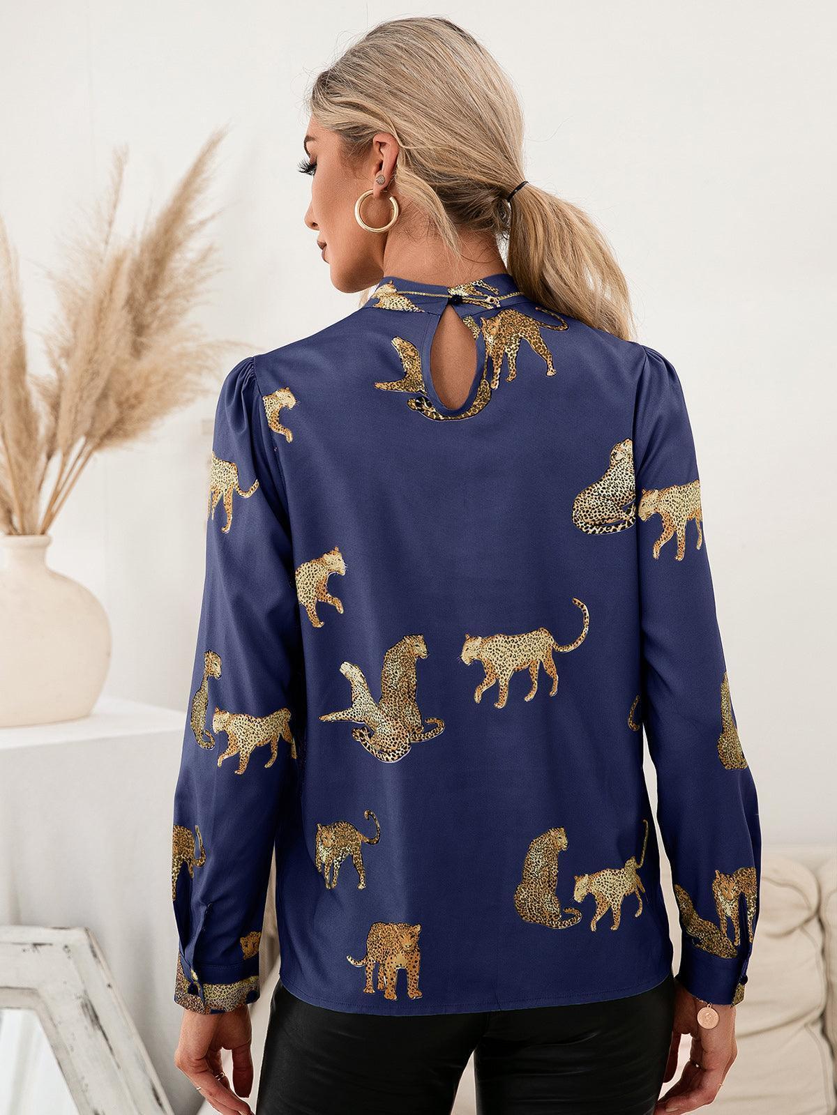 Wild And Classy Leopard Mock Neck Long Sleeve Blouse - MXSTUDIO.COM