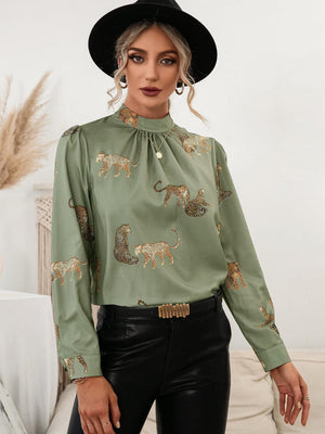 Wild And Classy Leopard Mock Neck Long Sleeve Blouse - MXSTUDIO.COM