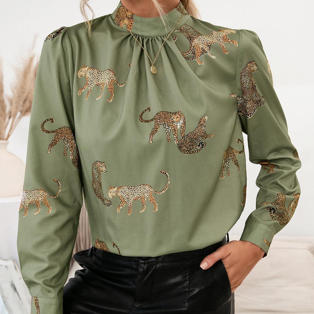 Wild And Classy Leopard Mock Neck Long Sleeve Blouse - MXSTUDIO.COM