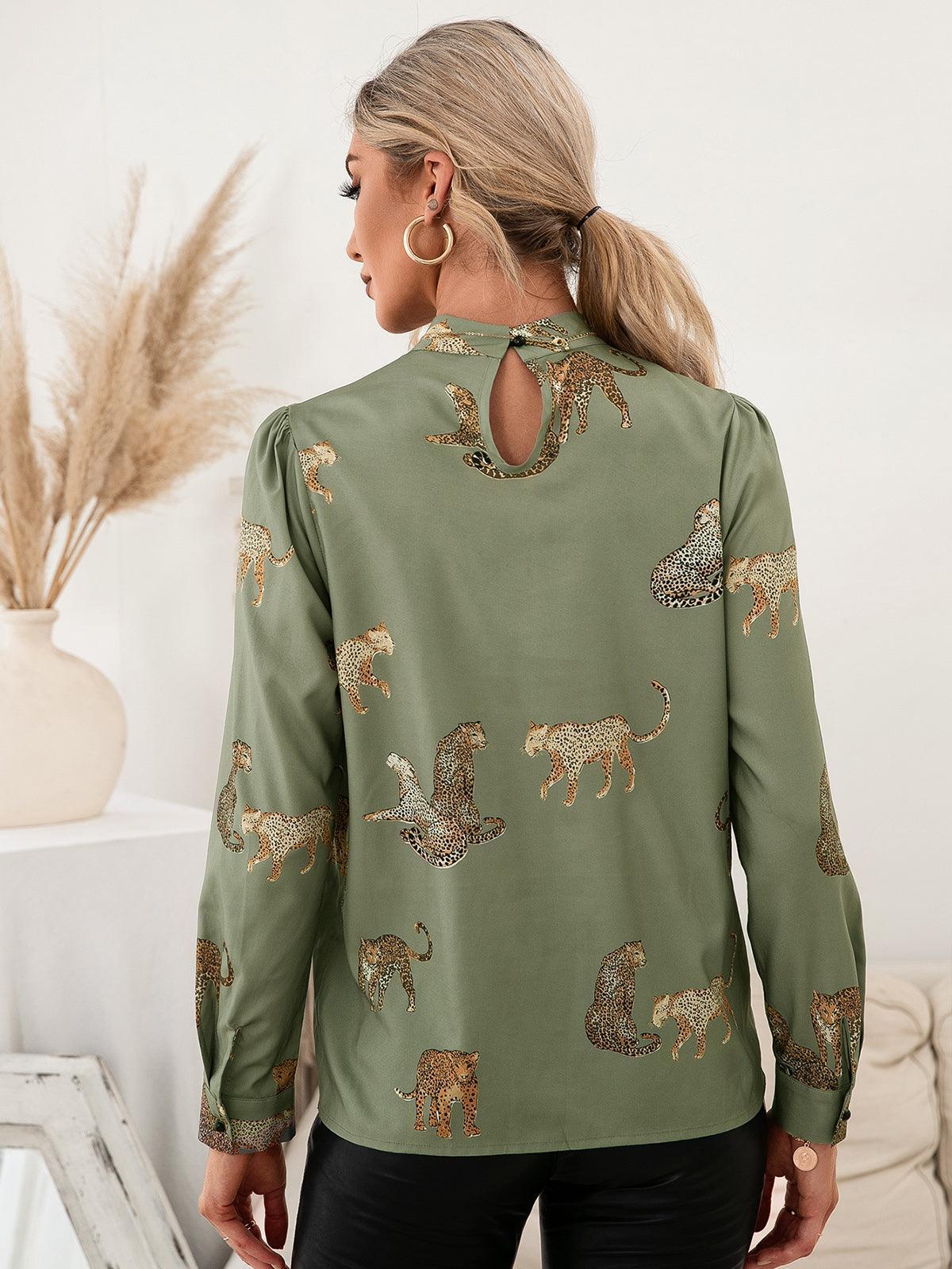 Wild And Classy Leopard Mock Neck Long Sleeve Blouse - MXSTUDIO.COM