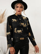 Wild And Classy Leopard Mock Neck Long Sleeve Blouse - MXSTUDIO.COM