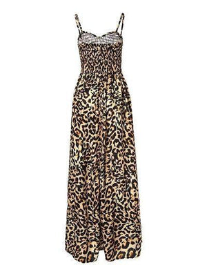 a woman wearing a leopard print dress