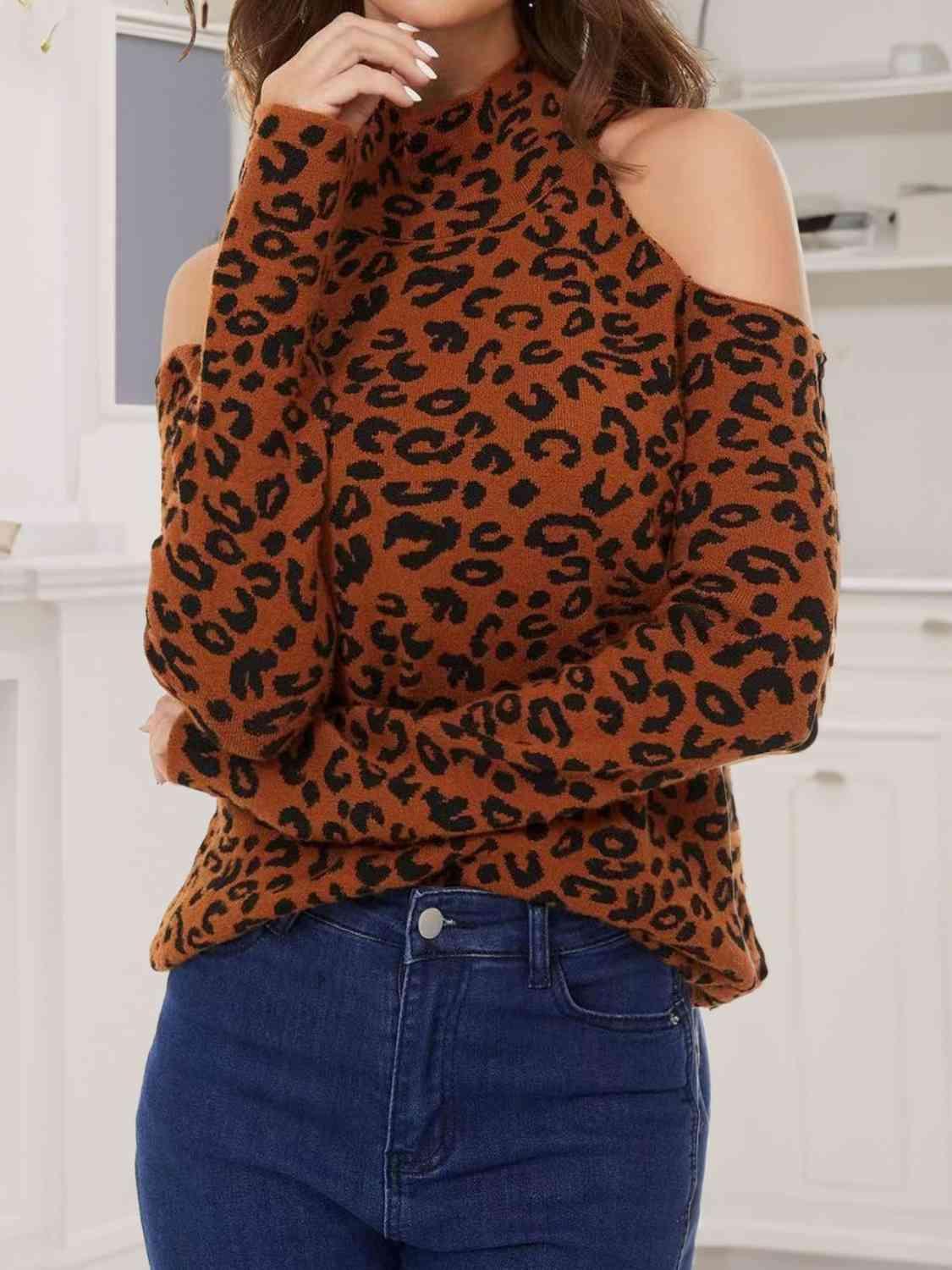 Wild Chic Mock Neck Leopard Cold Shoulder Sweater-MXSTUDIO.COM