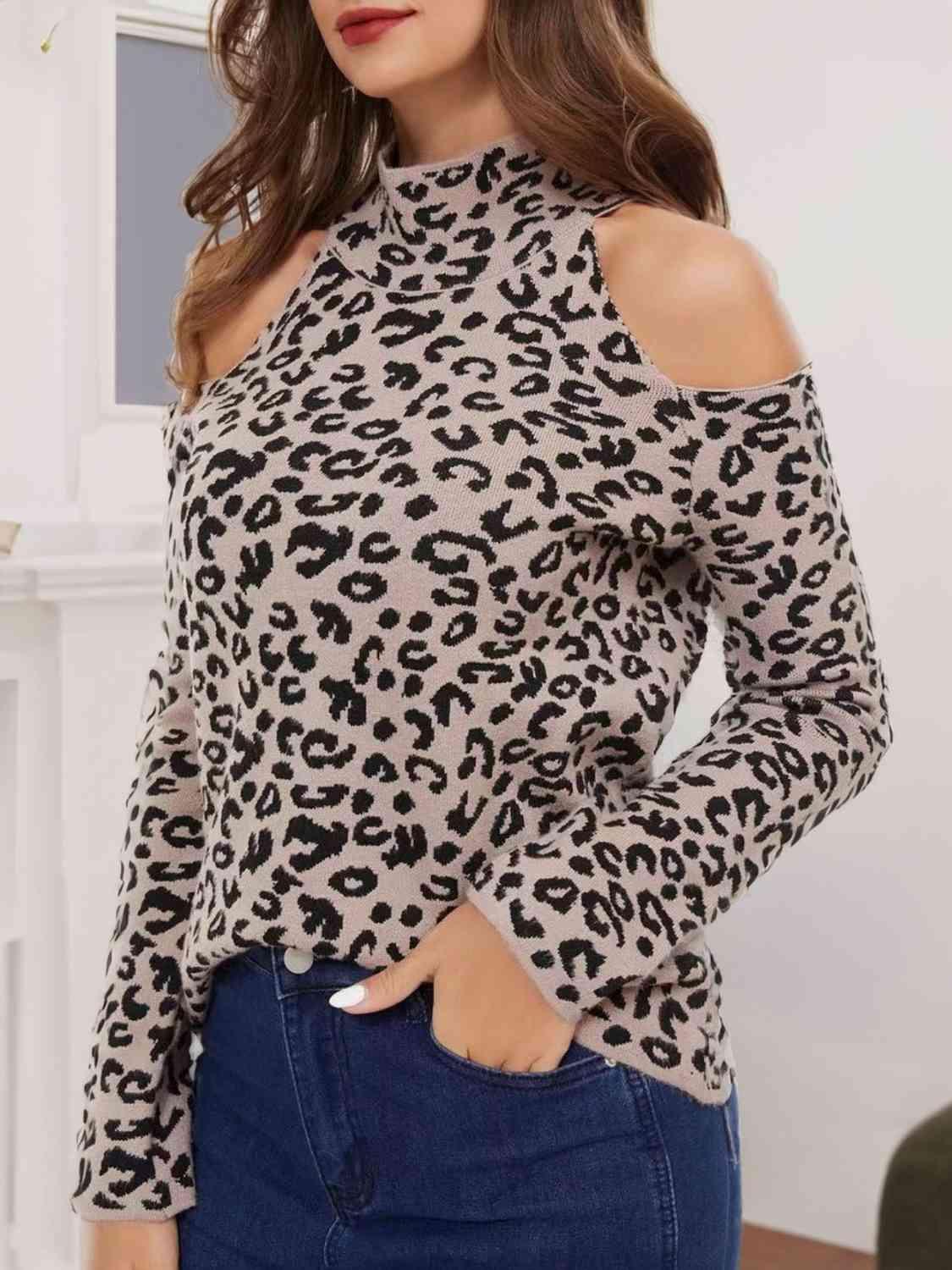 Wild Chic Mock Neck Leopard Cold Shoulder Sweater-MXSTUDIO.COM