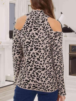 Wild Chic Mock Neck Leopard Cold Shoulder Sweater-MXSTUDIO.COM