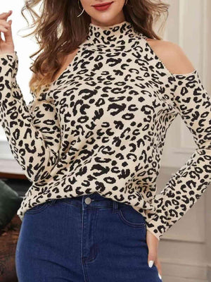 Wild Chic Mock Neck Leopard Cold Shoulder Sweater-MXSTUDIO.COM