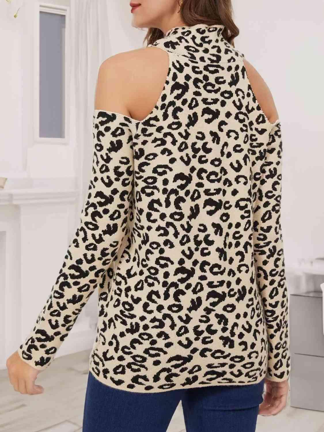 Wild Chic Mock Neck Leopard Cold Shoulder Sweater-MXSTUDIO.COM