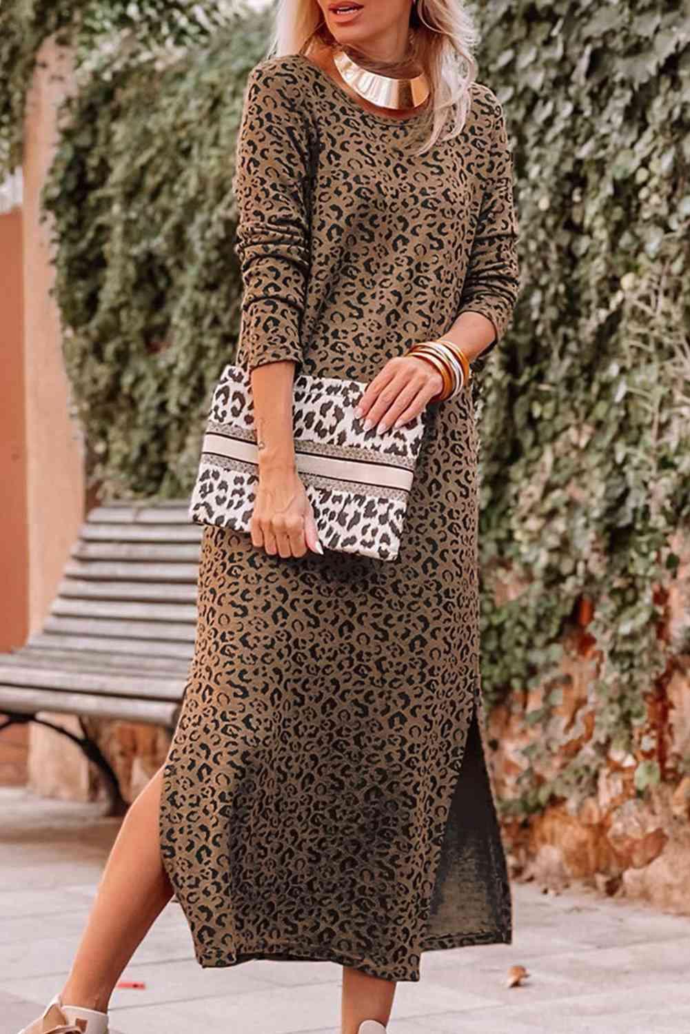a woman wearing a leopard print dress and heels