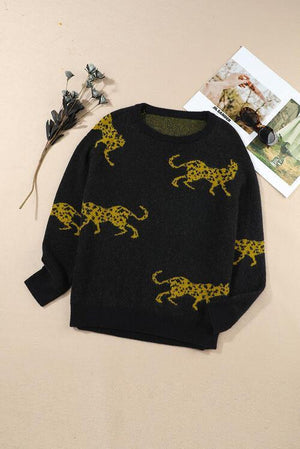 Wild Warmth Black Knit Cheetah Sweater-MXSTUDIO.COM