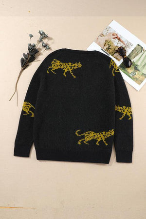 Wild Warmth Black Knit Cheetah Sweater-MXSTUDIO.COM