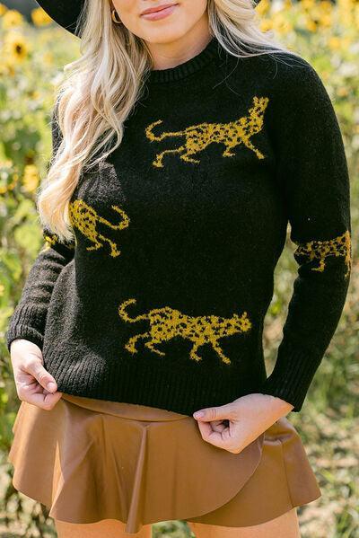 Wild Warmth Black Knit Cheetah Sweater-MXSTUDIO.COM