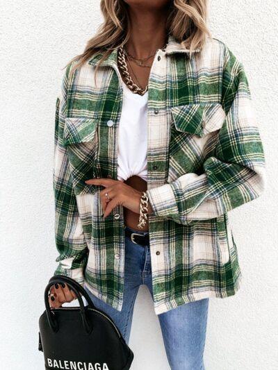a woman wearing a green and white plaid jacket