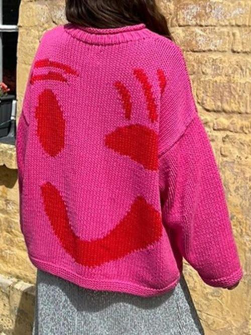 Wink Face Emoji Crew Neck Knit Sweater-MXSTUDIO.COM