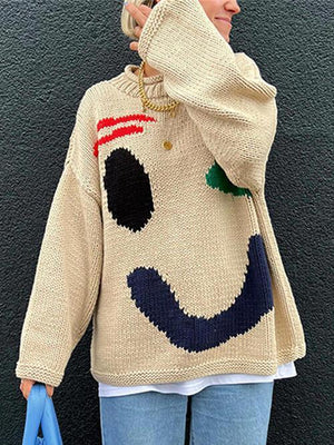 Wink Face Emoji Crew Neck Knit Sweater-MXSTUDIO.COM