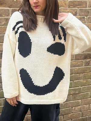 Wink Face Emoji Crew Neck Knit Sweater-MXSTUDIO.COM