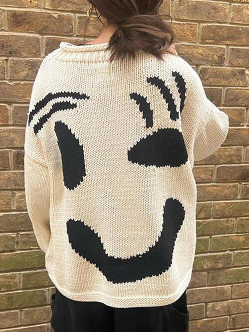 Wink Face Emoji Crew Neck Knit Sweater-MXSTUDIO.COM