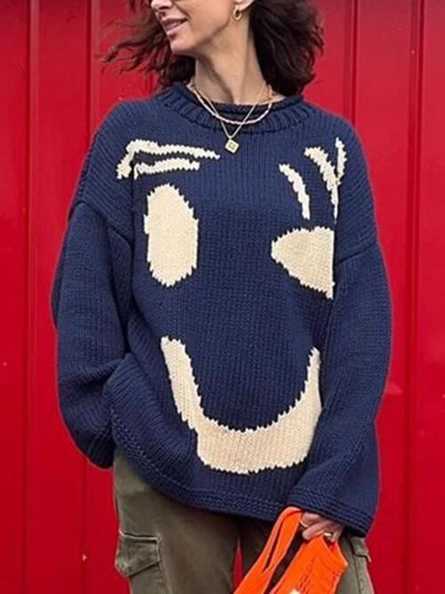 Wink Face Emoji Crew Neck Knit Sweater-MXSTUDIO.COM