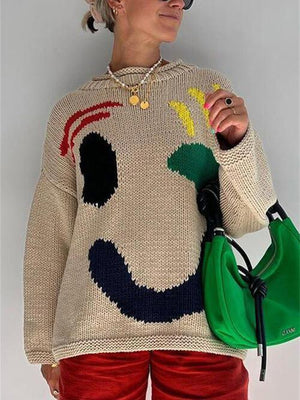 Wink Face Emoji Crew Neck Knit Sweater-MXSTUDIO.COM