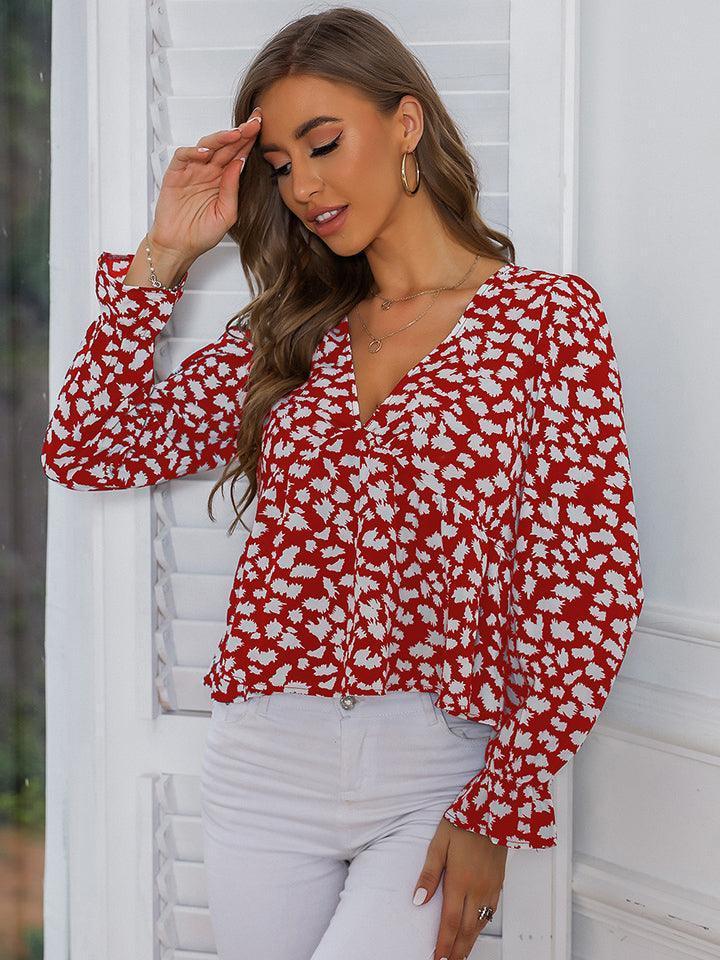 Winsome V Neck Long Sleeve Blouse - MXSTUDIO.COM