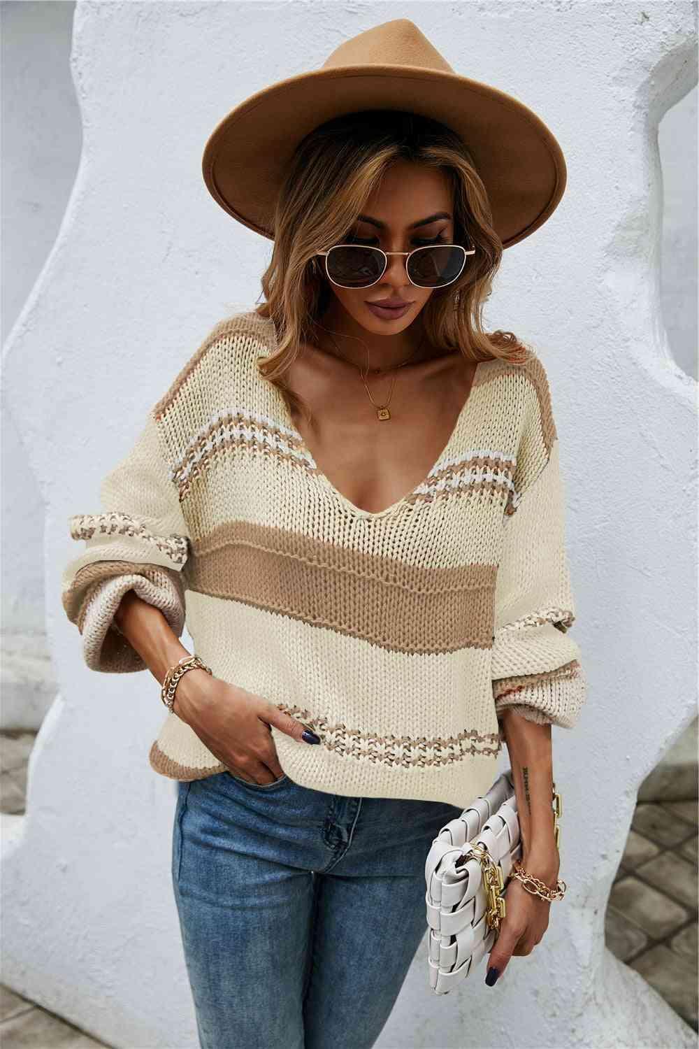 Winter Allure Striped Knitted Scoop Neck Sweater - MXSTUDIO.COM