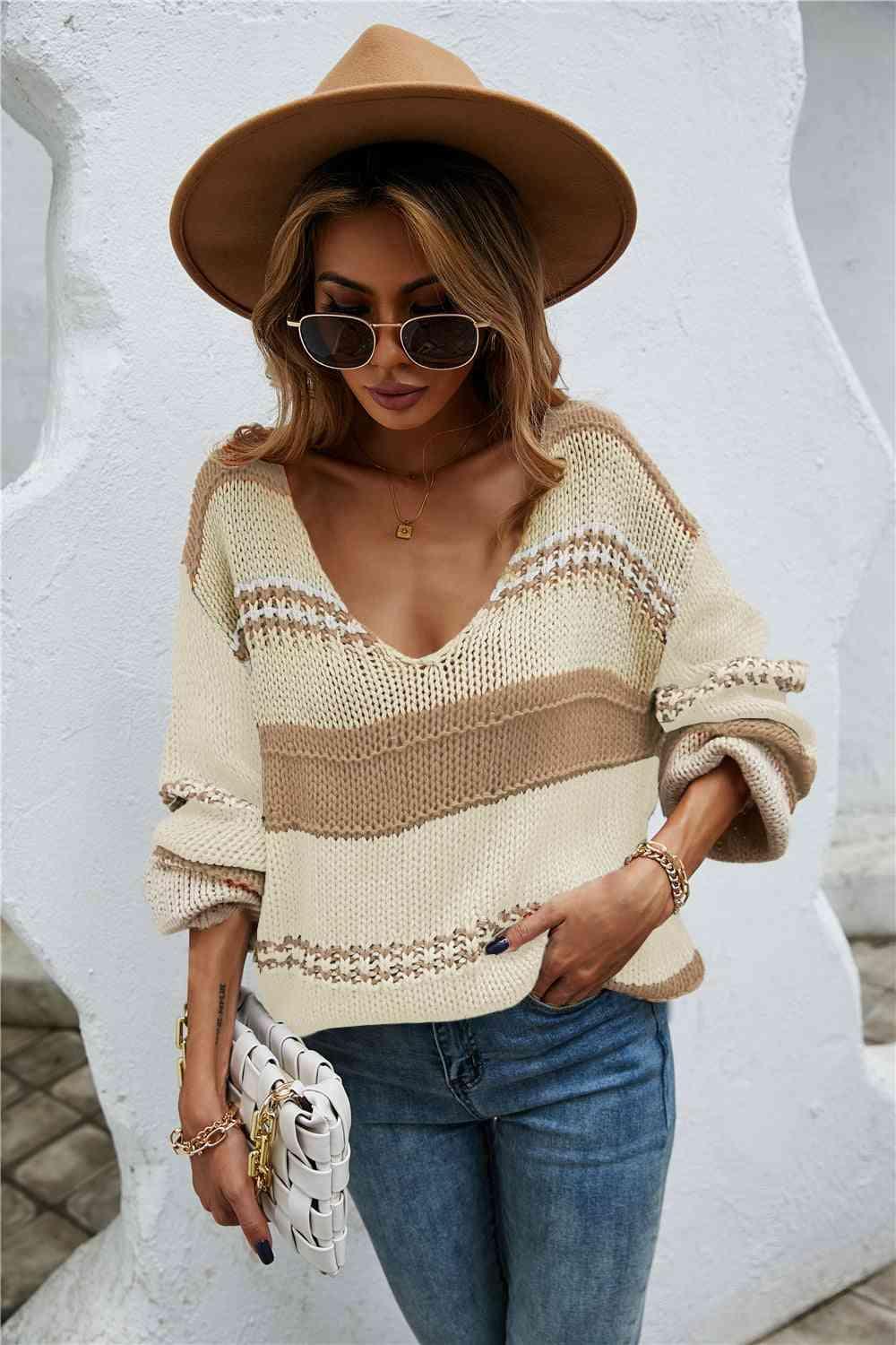 Winter Allure Striped Knitted Scoop Neck Sweater - MXSTUDIO.COM