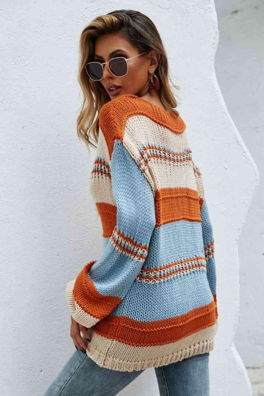 Winter Allure Striped Knitted Scoop Neck Sweater - MXSTUDIO.COM