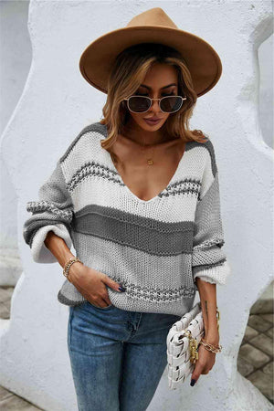 Winter Allure Striped Knitted Scoop Neck Sweater - MXSTUDIO.COM