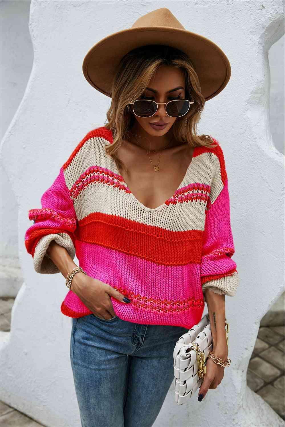 Winter Allure Striped Knitted Scoop Neck Sweater - MXSTUDIO.COM