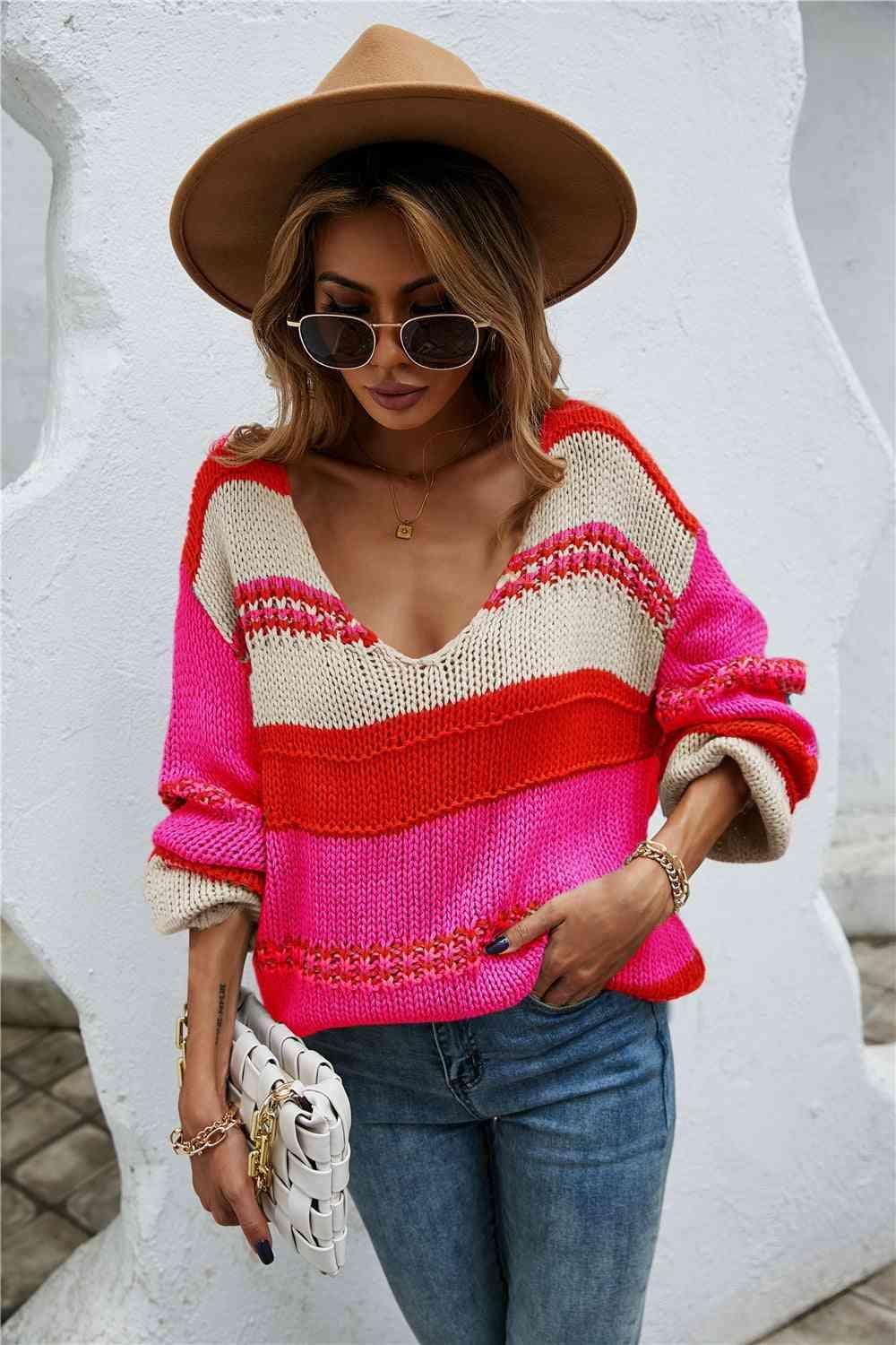 Winter Allure Striped Knitted Scoop Neck Sweater - MXSTUDIO.COM