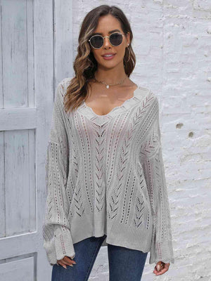 Winter Allure V-Neck Open Knit Sweater - MXSTUDIO.COM