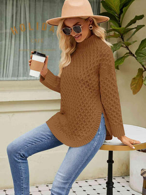Winter Basic Slit Mock Neck Sweater - MXSTUDIO.COM