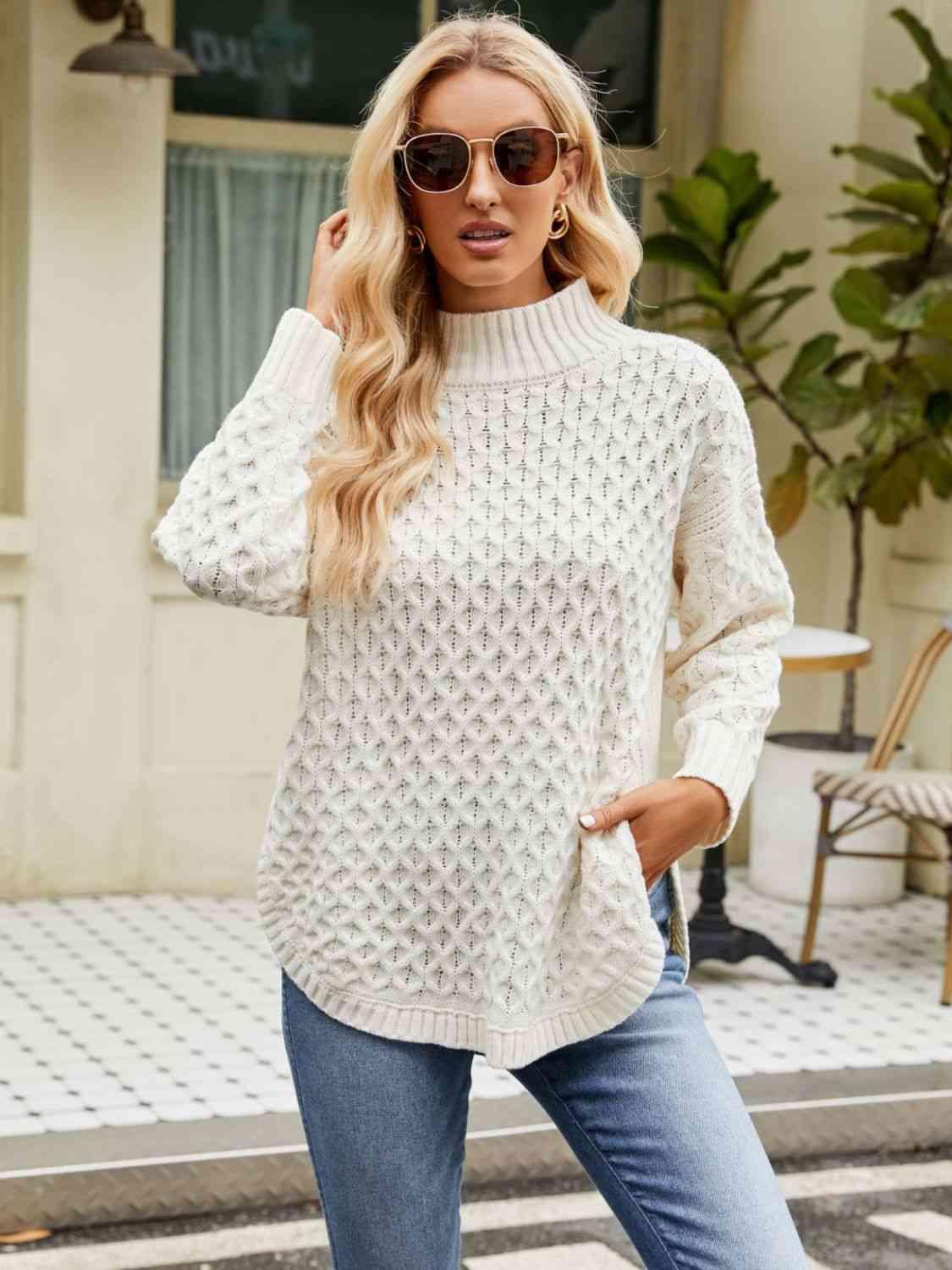 Winter Basic Slit Mock Neck Sweater - MXSTUDIO.COM