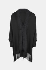 Winter Darling Fringe Open Front Faux Fur Poncho-MXSTUDIO.COM