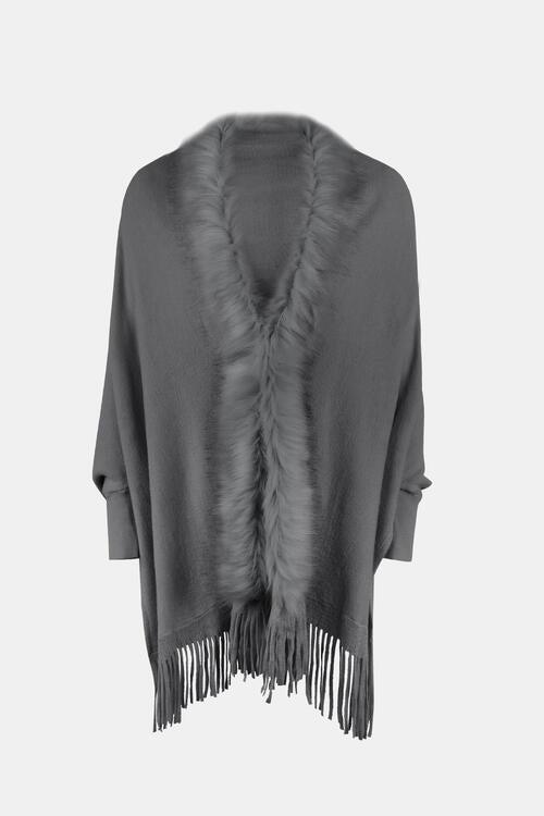 Winter Darling Fringe Open Front Faux Fur Poncho-MXSTUDIO.COM