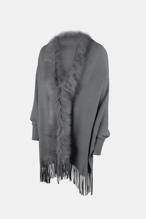 Winter Darling Fringe Open Front Faux Fur Poncho-MXSTUDIO.COM