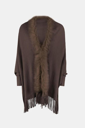 Winter Darling Fringe Open Front Faux Fur Poncho-MXSTUDIO.COM