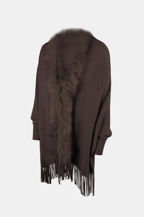 Winter Darling Fringe Open Front Faux Fur Poncho-MXSTUDIO.COM