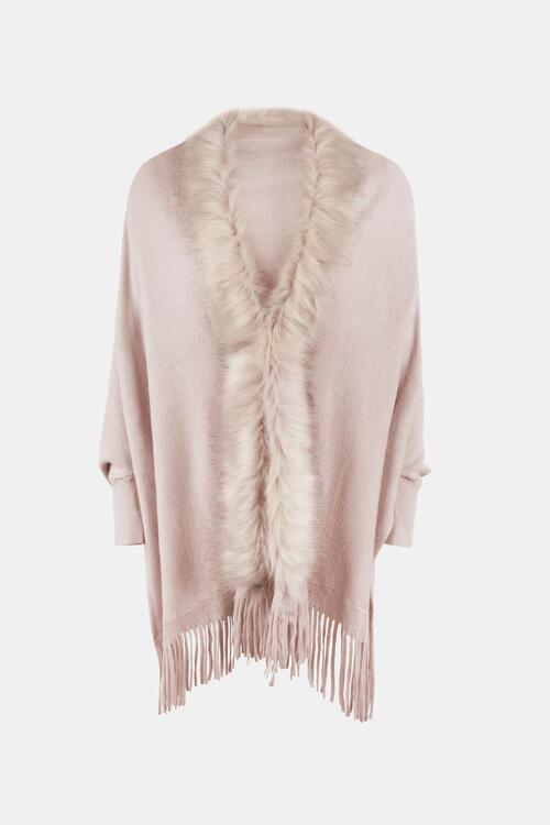 Winter Darling Fringe Open Front Faux Fur Poncho-MXSTUDIO.COM